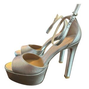 Stuart Weitzman Disco Platform Silver Metallic Leather  Heel Sandals Size 7